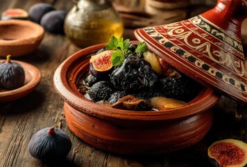 Traditional Moroccan Tagine with Figs, Prunes and Spices on Rustic Wooden Table with Decorative Pottery and Fresh Herbs