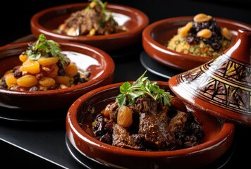 Traditional Moroccan Tajine Dishes with Colorful Ingredients Served in Rustic Clay Pots for Authentic Culinary Experience