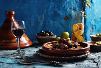 Traditional North African Cuisine with Vibrant Blue Background Showcasing Tagine, Wine Glass, Fresh Ingredients, and Colorful Decorative Elements