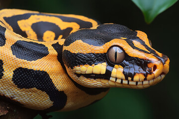 Obraz premium A brightly colored snake with striking yellow and black patterns is coiled on a branch in a lush, green setting.
