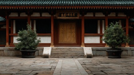 Fototapeta premium Serene Asian Temple Courtyard: Tranquil Architecture and Landscaping