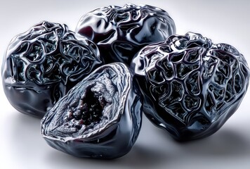 Unique and Intricate Black Fruits Displaying Glossy Surface with Detailed Texture and Cross-Section Showing Juicy Interior for Culinary Use and Decor