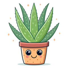 Cheerful Cartoon Aloe Vera Plant in Pot with Sparkling Details