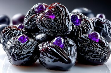 Unique Black Candies with Vibrant Purple Centers Against a Smooth Surface, Ideal for Creative Culinary Displays and Artistic Food Photography.