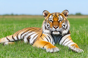 Obraz premium A majestic tiger lies relaxed on green grass under a clear sky, gazing directly at the camera.