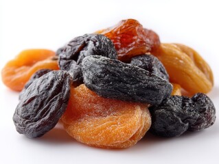 Variety of Dried Fruits Including Apricots and Raisins on a White Background for Healthy Snack and Culinary Concepts