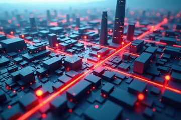 A Futuristic Metropolis Illuminated by Vibrant Red Pathways, Representing Advanced Urban Infrastructure and Connectivity