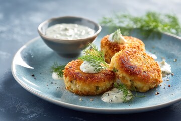 Dish of delicious cod patties and sauce on a colorful backdrop