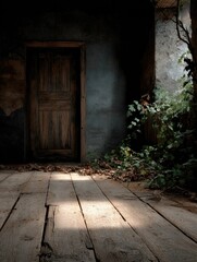 Obraz premium Rustic Wooden Doorway: Sunlit Decay and Overgrown Vines
