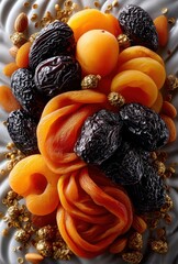 Vibrant Arrangement of Dried Fruits and Nuts with a Textured Background, Featuring Apricots, Plums, and Almonds for Healthy Snacking