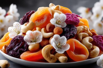 Vibrant Arrangement of Dried Fruits and Nuts with Blossoms Highlighting a Colorful Display of Natural Ingredients for Healthy Snacking