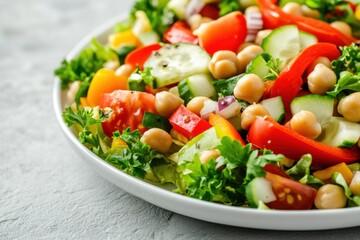 Fresh Chickpea Salad with Vegetables Close Up Overhead Shot Healthy Eating Vegetarian Food