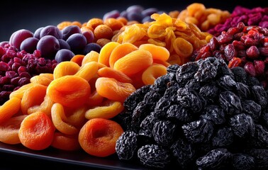 Vibrant Arrangement of Dried Fruits Including Apricots, Raisins, Figs, and Various Berries on a Dark Background for Healthy Snacking and Culinary Use