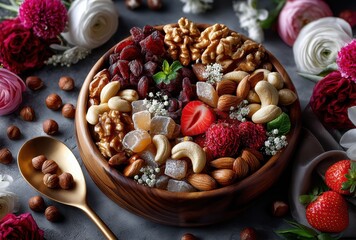 Vibrant Arrangement of Dried Fruits, Nuts, and Candies in a Wooden Bowl Surrounded by Colorful Flowers and Elegant Decor Elements for a Festive Setting