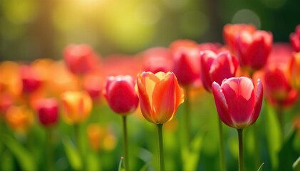 Fototapeta premium Vibrant tulips blooming in a lush spring garden, bathed in sunlight , horticulture, texture