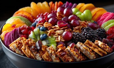 Vibrant Arrangement of Fresh Fruits, Nuts, and Snacks in a Bowl Featuring a Colorful Variety of Healthy Options for a Refreshing and Flavorful Spread