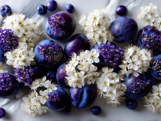 Vibrant Arrangement of Plums and Delicate White Flowers on a Marble Surface Showcasing Nature's Beauty and Colorful Contrast