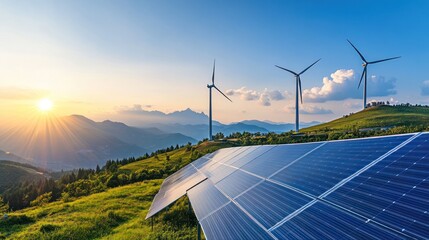 Sustainable Energy: Solar Panels and Wind Turbines in Mountain Landscape