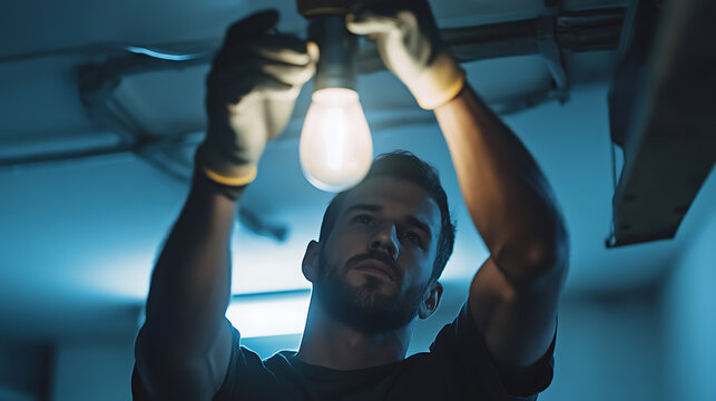 Man Installing a Light Bulb in a Dimly Lit Room