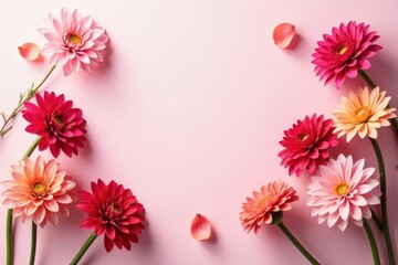 A Delicate Arrangement of Vibrant Pink and Red Flowers on a Soft Pink Background, Perfect for Greeting Cards or Invitations