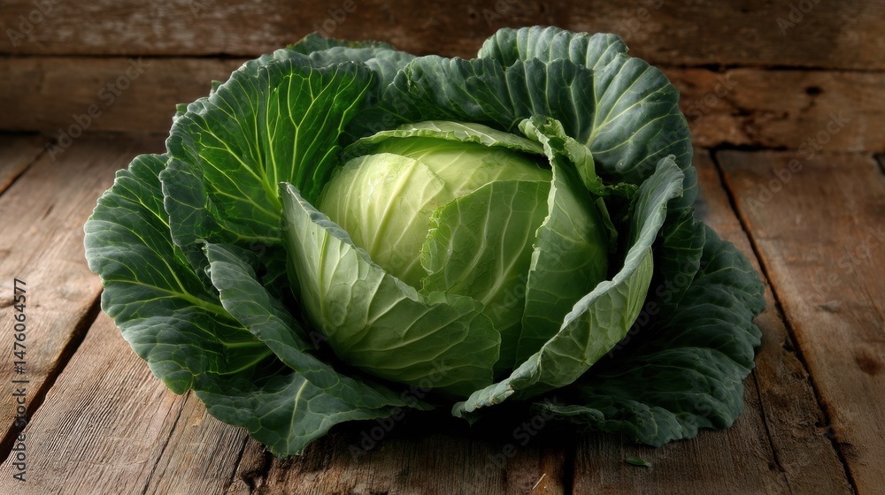 Fototapete Cabbage Head With Fresh Outer Leaves Resting on a Wooden Table Surface in Natural Lighting for a Rustic Culinary Display