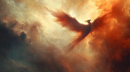 A fiery, mythical bird soars through a vibrant nebula, its wings spread wide, amidst swirling clouds of gas and dust.  Cosmic scene