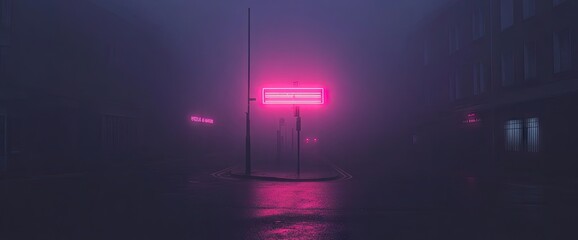 Misty street scene with bright pink neon sign, wet pavement, and city buildings