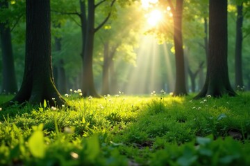 Fototapeta premium Sun-dappled forest floor, vibrant green grass Lush, tranquil scene , green, summer, undergrowth