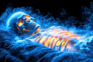 Obraz premium A glowing skeleton lies surrounded by blue mist, with fiery light shining from within, creating an eerie, supernatural effect.