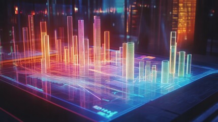 Neon Cityscape Data Visualization: Futuristic Financial Market Display