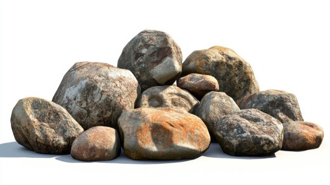 Heap of Stones Close Up Isolated on White Background Studio Shot for Landscaping or Gardening Projects