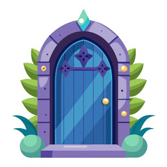 A blue archway with a green leaf on top