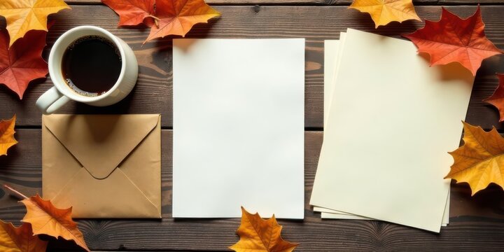 Autumnal Composition Blank Stationery, Envelope, and Coffee on Rustic Wood with Colorful Leaves