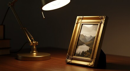 Picture Frame with Mountain Landscape and Desk Lamp