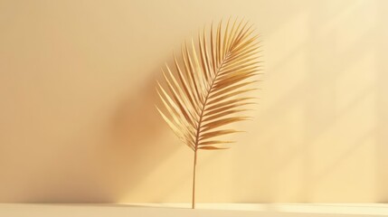 Golden Palm Frond Against a Warm Beige Background, Minimalist Botanical Still Life with Gentle Light and Shadow