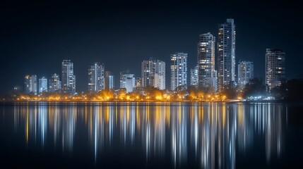 Fototapeta premium Night City Skyline Reflection with Urban Oasis, and Coastal Calm.