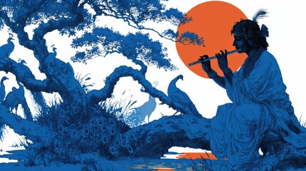 Krishna playing flute under moonlit sky serene landscape artistic illustration peaceful night