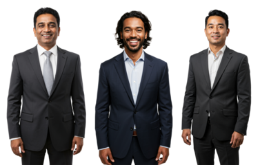 Three Professional Men in Business Suits Posing Together Against a transparent background Displaying Confidence and Style