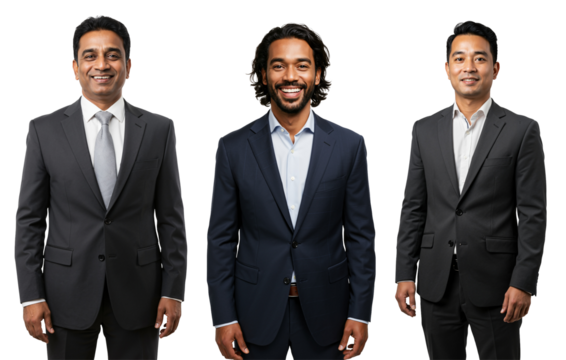 Three Professional Men in Business Suits Posing Together Against a transparent background Displaying Confidence and Style