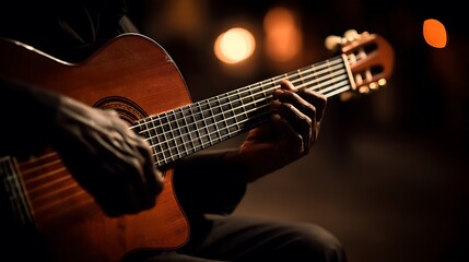 Naklejka premium Nighttime Guitarist soulful music with closeup hands.