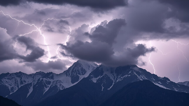 A mountain range in the middle of a thunderstorm, with dark clouds rolling in and the sky illuminated by frequent flashes of lightning.