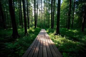 a close up of a wooden walkway in a forest with tall trees