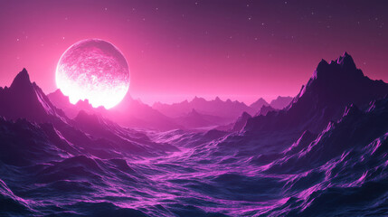Pink and Purple Pixel Art Mountain Landscape with Glowing Moon at Night