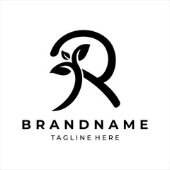 The logo design combines the letter r and a leaf, using black color.