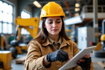 A female engineer wearing a yellow hard hat uses a tablet in a modern industrial facility with machinery in the background.