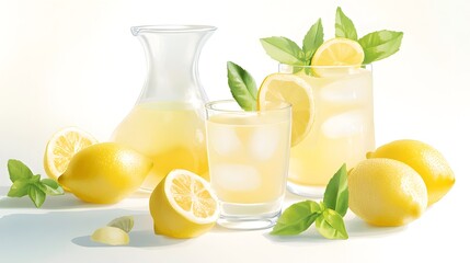 Fototapeta premium Citrus drinks in glass decanter and glasses, with lemons and basil.