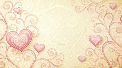Soft pink hearts surrounded by delicate swirls on a pale yellow background with subtle texture , yellow, romance