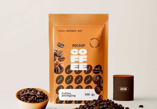 Coffee Packaging Pouch Mockup with Scattered Beans and Container