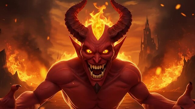 Illustration of red devil cartoon figure with fire and castle in dark fantasy style background, Generative AI