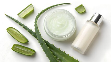 Aloe Vera Skincare Products Displayed on White Background